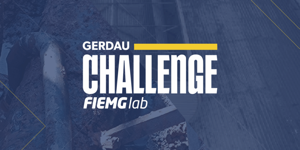 Imagem do Gerdau Challenge FIEMG Lab com logotipo e design gráfico em azul, branco e amarelo