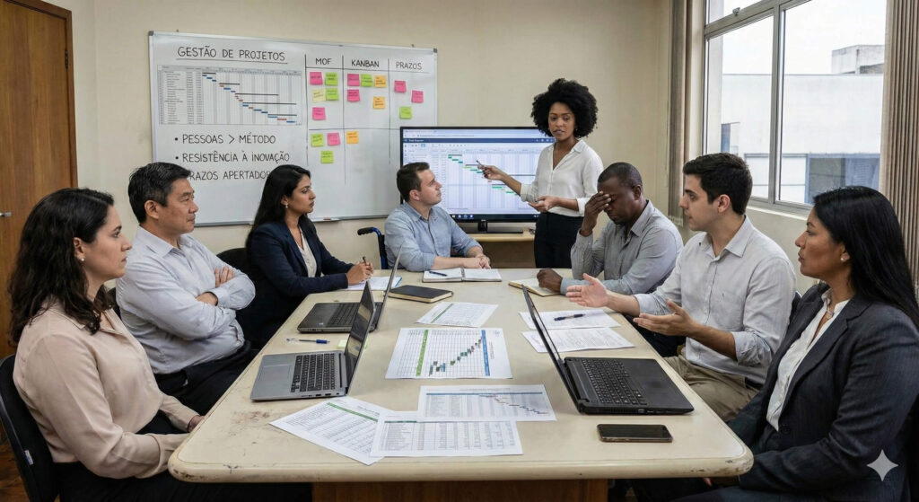 Equipe diversa em reunião de gestão de projetos em uma empresa tradicional. Uma gestora apresenta um cronograma em tela, enquanto um colaborador demonstra preocupação, ilustrando desafios culturais e de sobrecarga. Ao fundo, um quadro branco destaca as frases 'Pessoas > Método' e 'Resistência à Inovação'