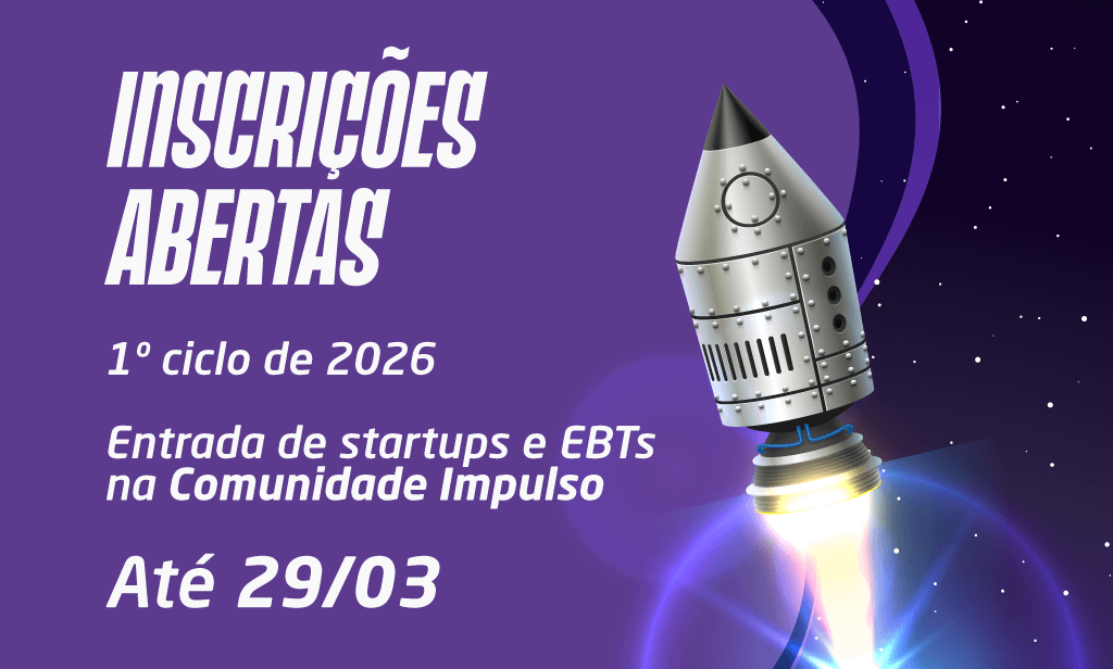 Banner de inscrições abertas para o 1º ciclo de 2026 da Comunidade Impulso FIEMG Lab, com chamada para entrada de startups e EBTs. A arte mostra um foguete decolando em um cenário espacial roxo, simbolizando crescimento, inovação e aceleração de negócios. Prazo de inscrição até 29 de março.