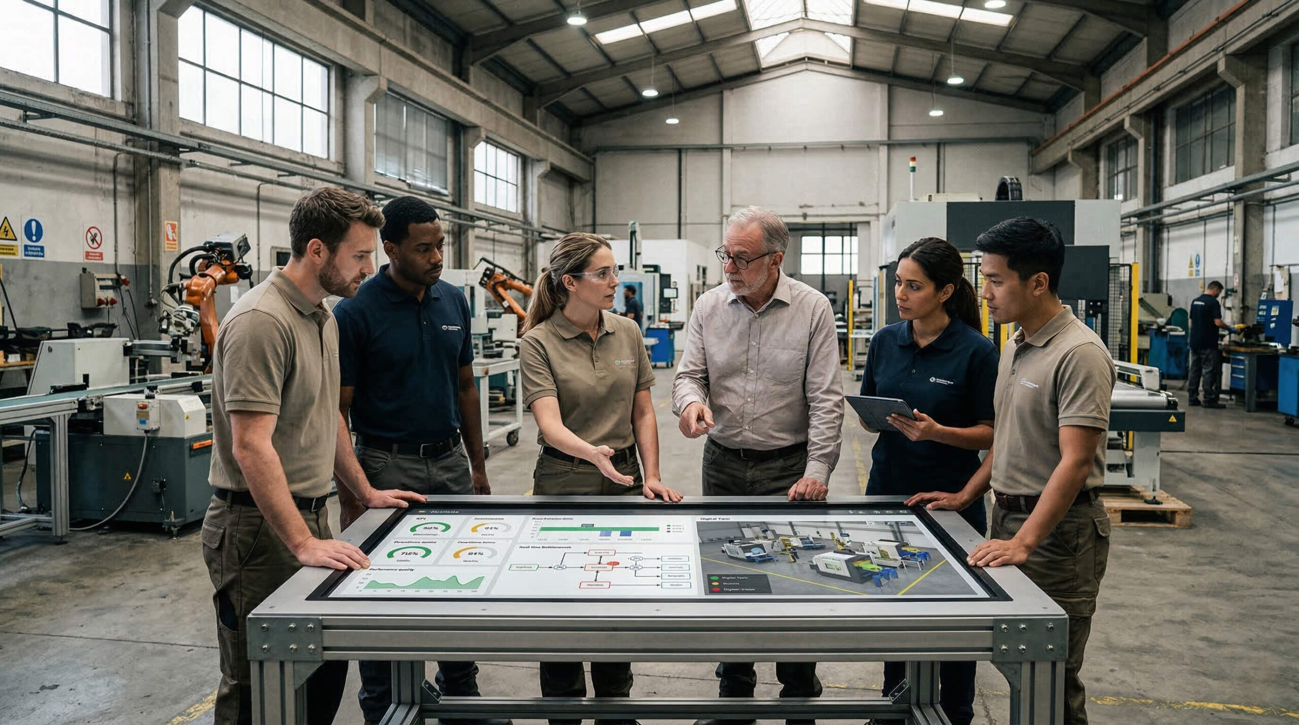 Equipe multidisciplinar analisa dados de produção em mesa interativa em fábrica moderna, ilustrando cultura de dados na indústria.