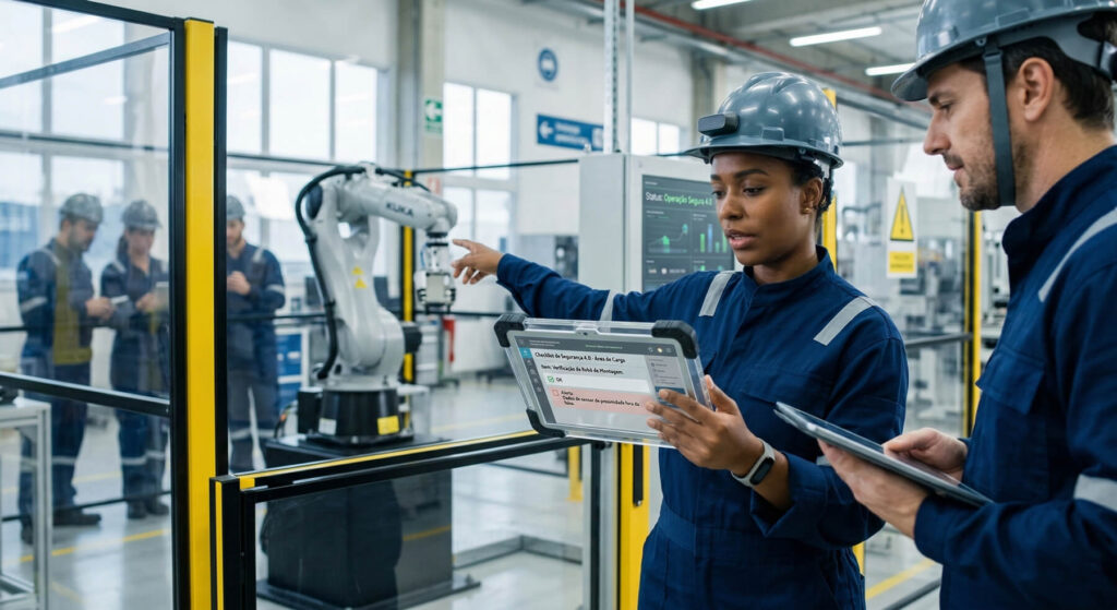 Dois profissionais de segurança do trabalho em uma fábrica moderna analisando um checklist digital em um tablet. Ao fundo, um braço robótico industrial e outros colaboradores utilizam dispositivos tecnológicos e equipamentos de proteção (EPIs).