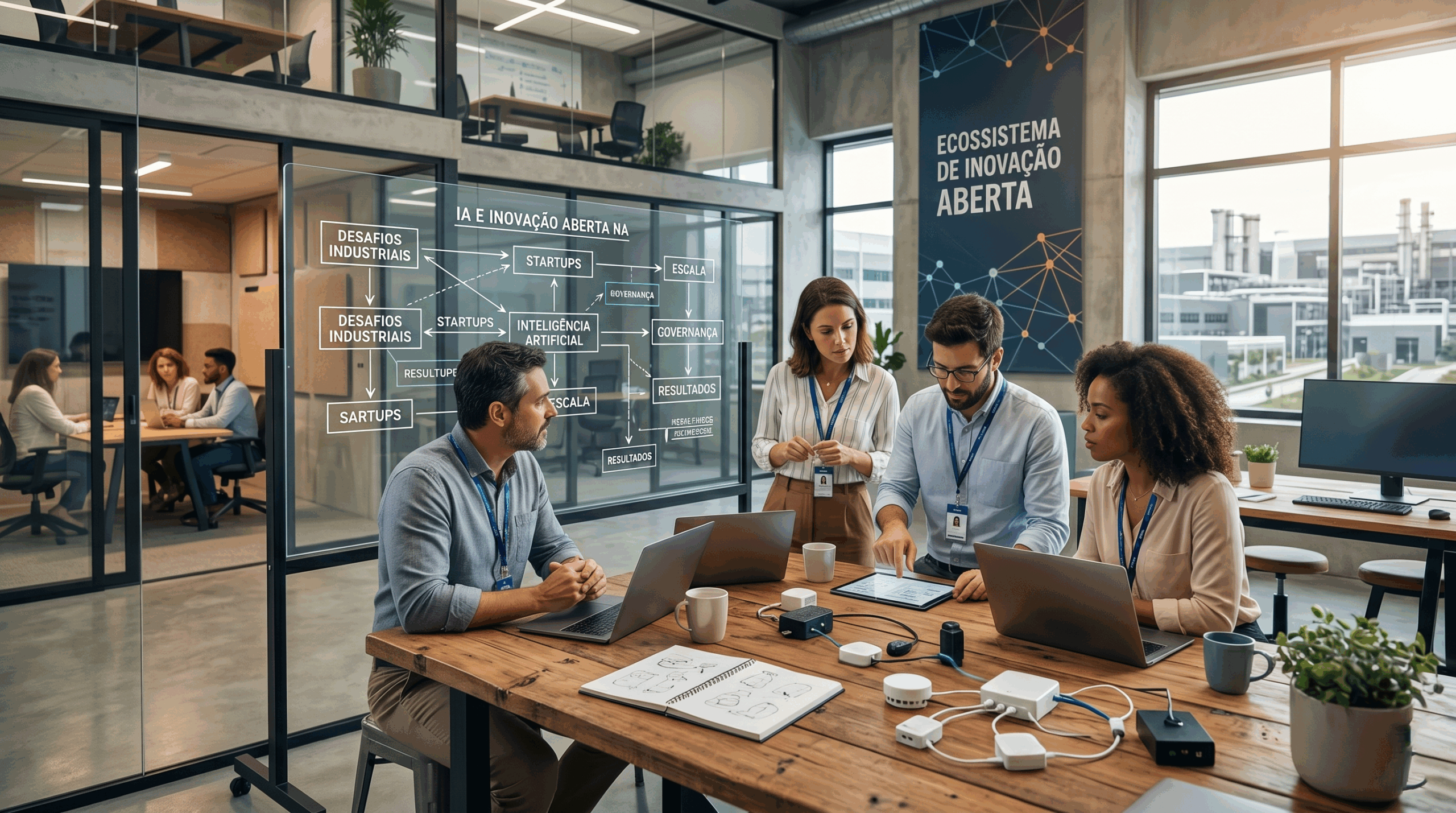 Grupo de profissionais em ambiente corporativo moderno discutindo estratégias de inovação aberta e inteligência artificial aplicadas à indústria em um painel transparente com fluxogramas.